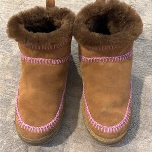 Women’s Tan Suede Ankle Booties with Pink Stitching